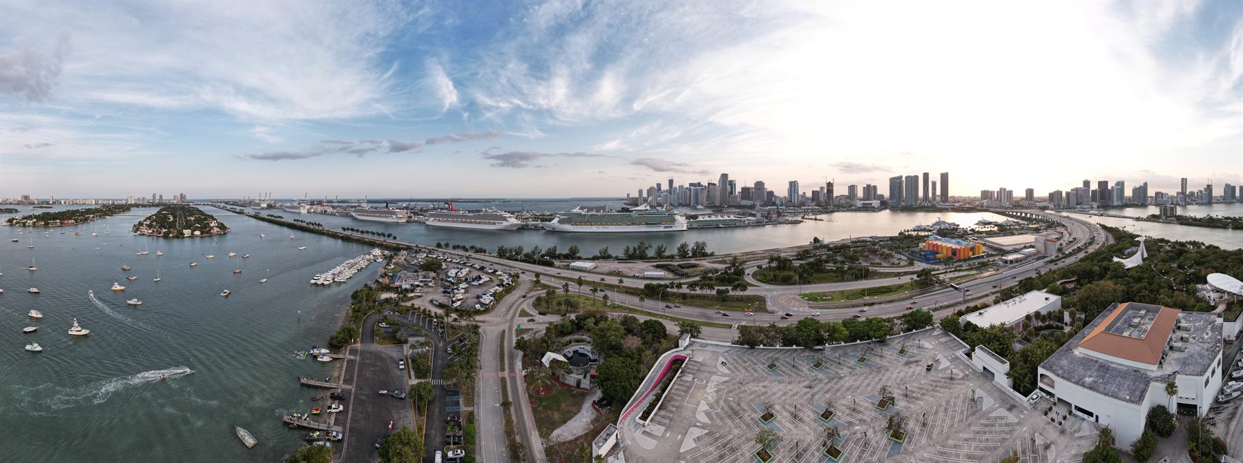Aerial panorama of the Port of Miami, Biscayne Bay and the downtown skyline